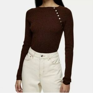 Nwt Topshop Women's Button Placket Knitted Sweater Size 14 Brown